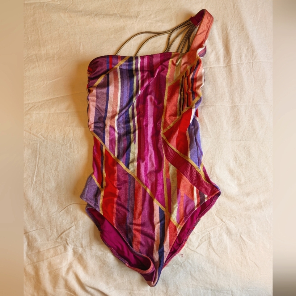 Retro Gottex One shoulder striped one-piece Swimsuit Purple Gold Pink Geometric